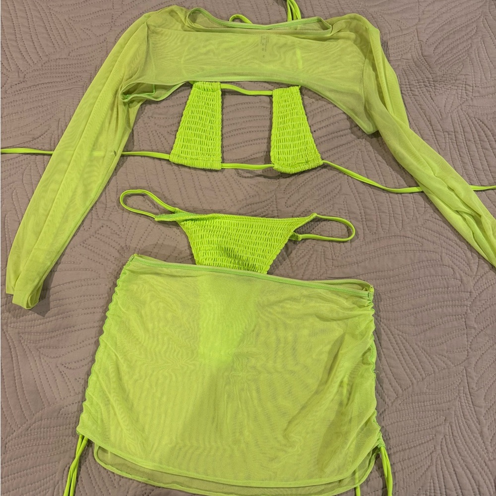Neon Lime Sheer 3-Piece Bikini Set with Cover-Up